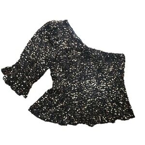 Sugar Lips Sequin One Shoulder Top Black Size M Party New Years Bachelorette ~‎